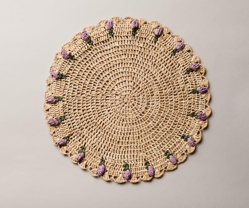 Tulip Floral Placemat β Hand-Crocheted Raffia β Spring Table Decor β Easter Table Setting β Handmade by Artisans in Madagascar