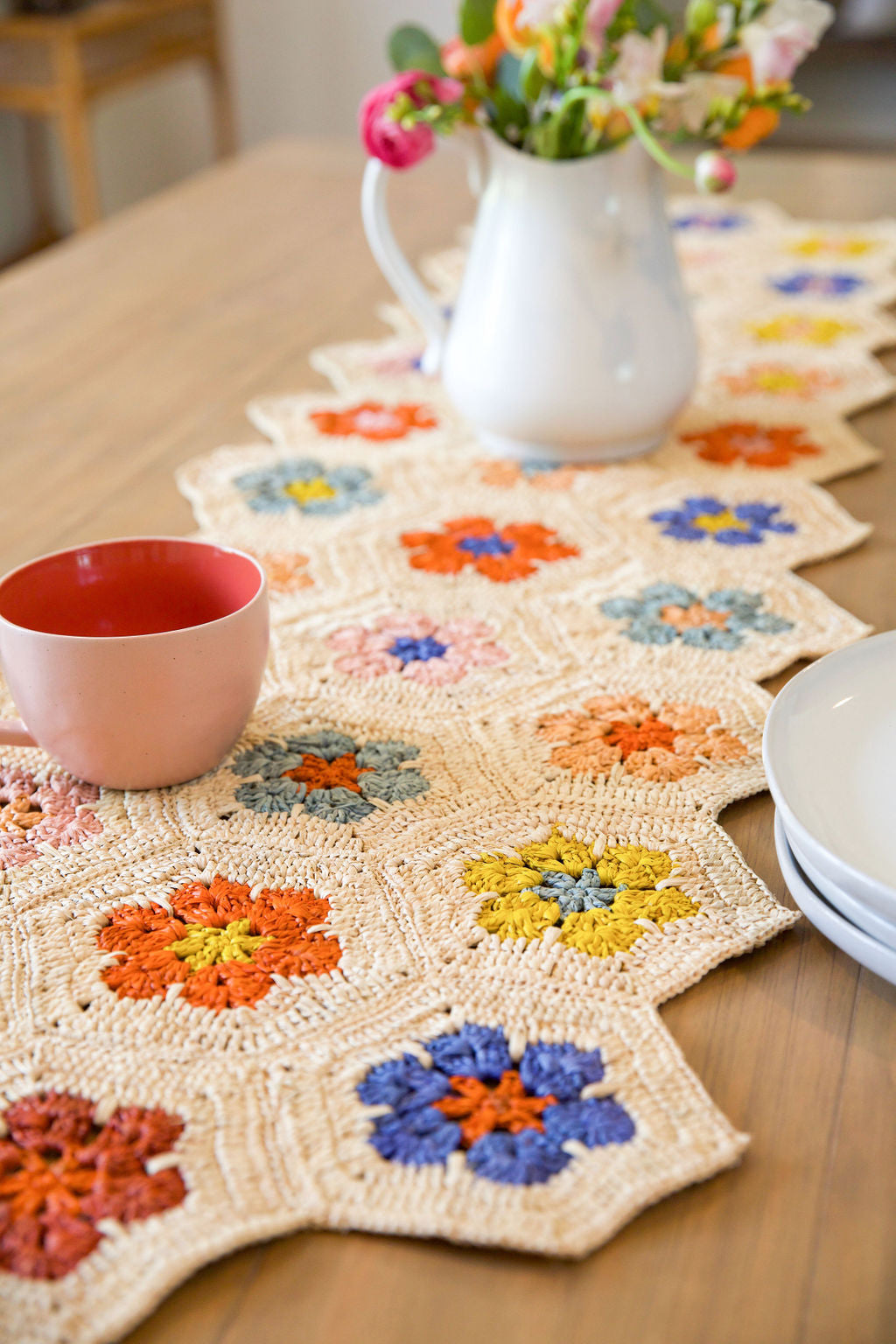 Flower Table Runner, Multicolor Raffia Tabletop