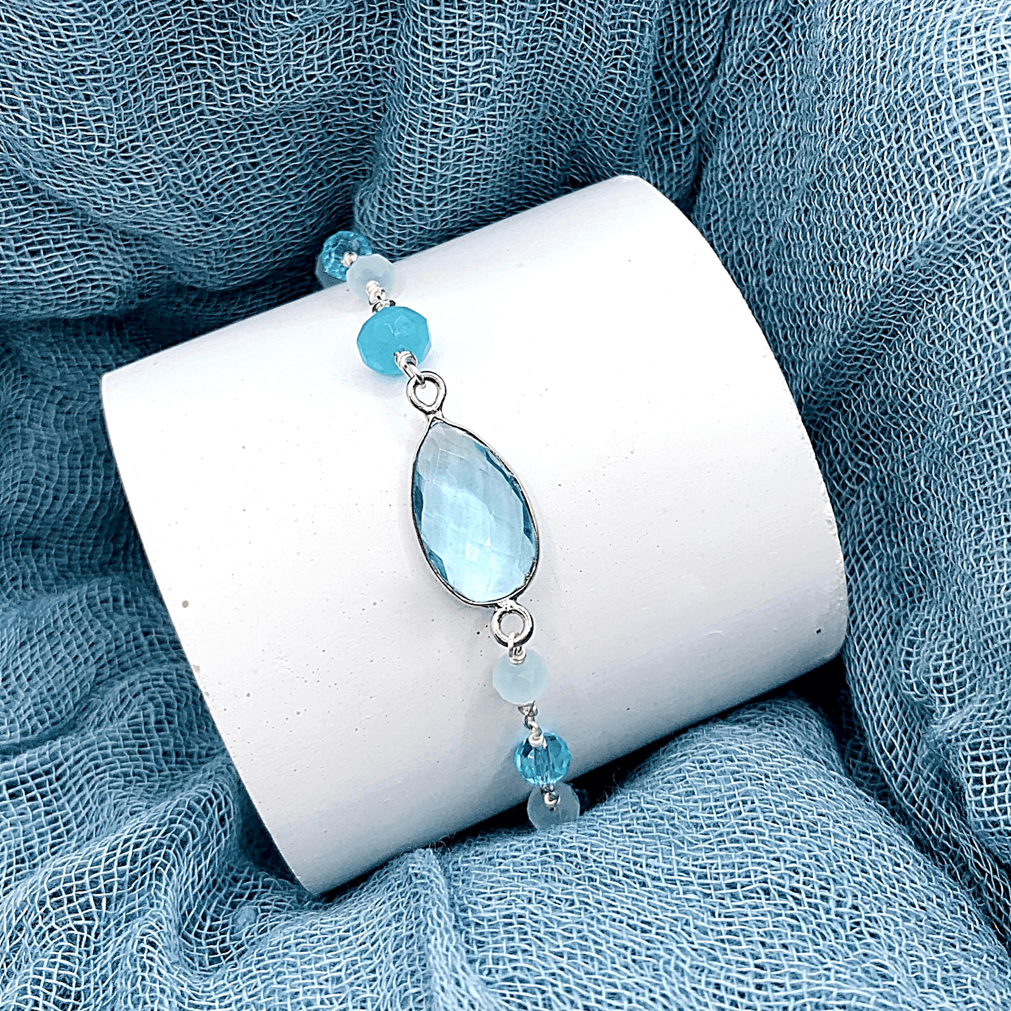 Aquamarine Quartz Adjustable Silver Gemstone Bracelet