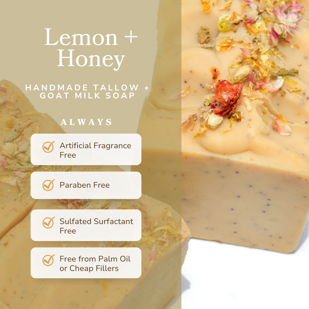 Lemon + Honey + Poppy Seed Handmade Tallow and Goat Milk Soap Bar - The Peony Haus