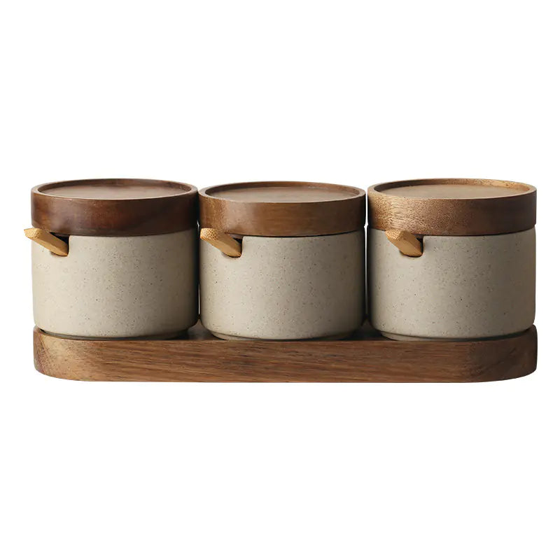 Ceramic Kitchen Seasoning Pots with Acacia Wood Tray - The Peony Haus