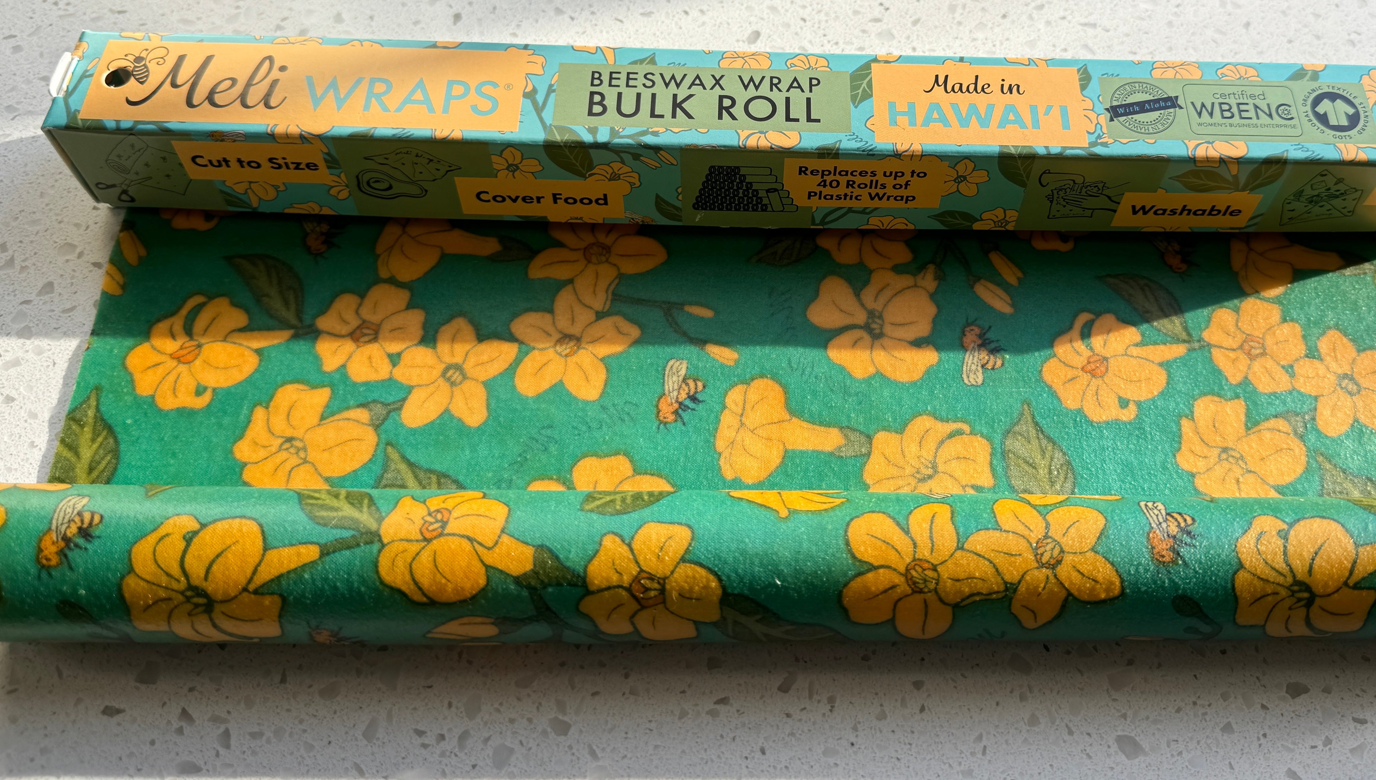 Beeswax Wrap Bulk Roll - Puakenikeni & Bee Print - The Peony Haus