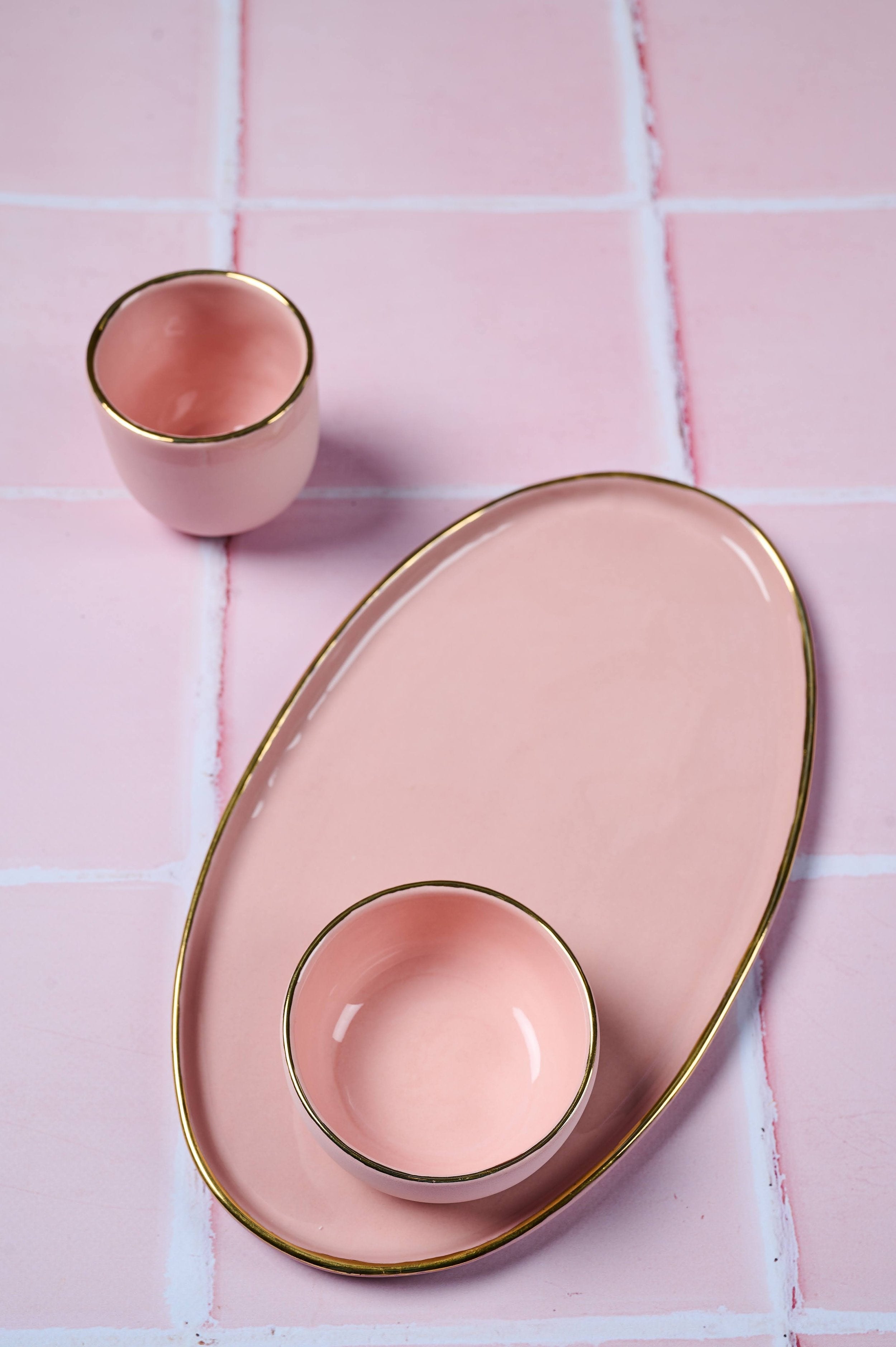 Handmade Oval Porcelain Serving Platter with Gold Rim. Powder Pink - The Peony Haus