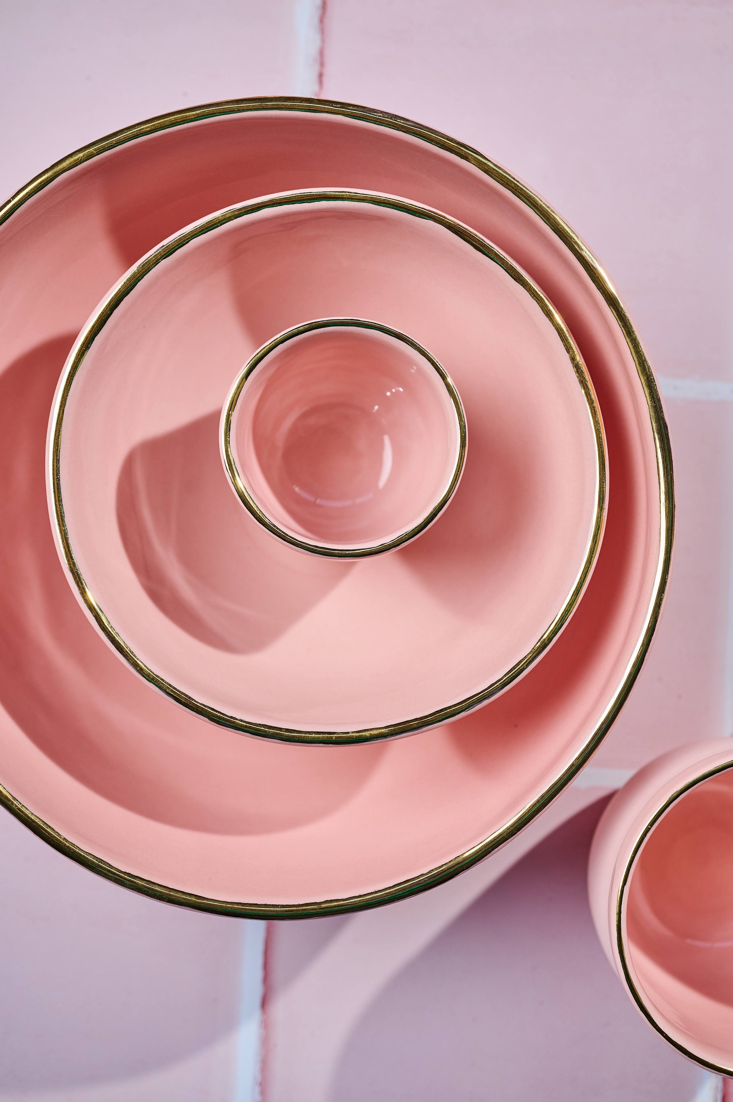 Handmade Porcelain Salad Serving Bowl with Gold Rim. Powder Pink - The Peony Haus