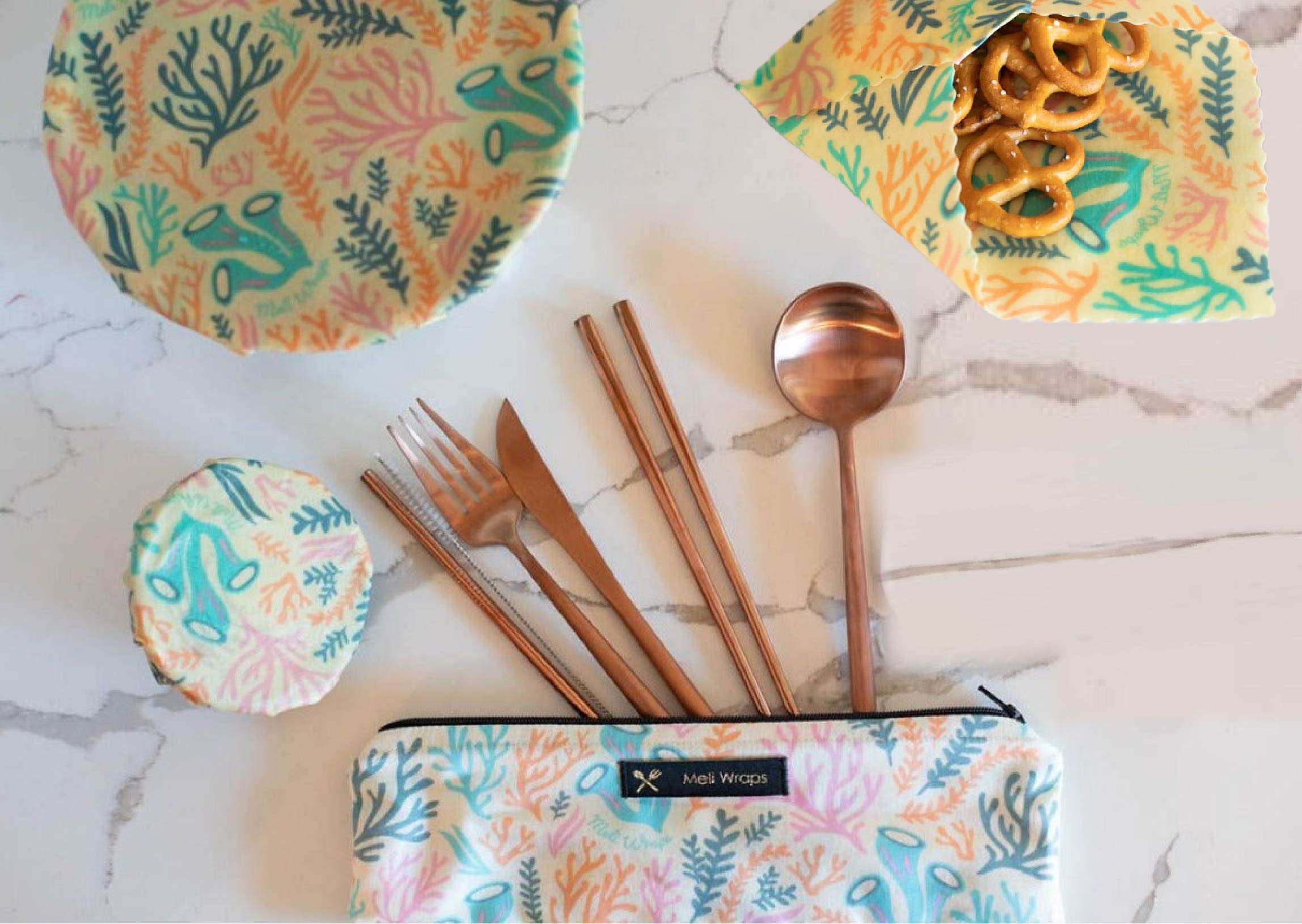 Meli Wraps Beeswax Wrap Bulk Roll + Cutlery Set in Reef Print - The Peony Haus