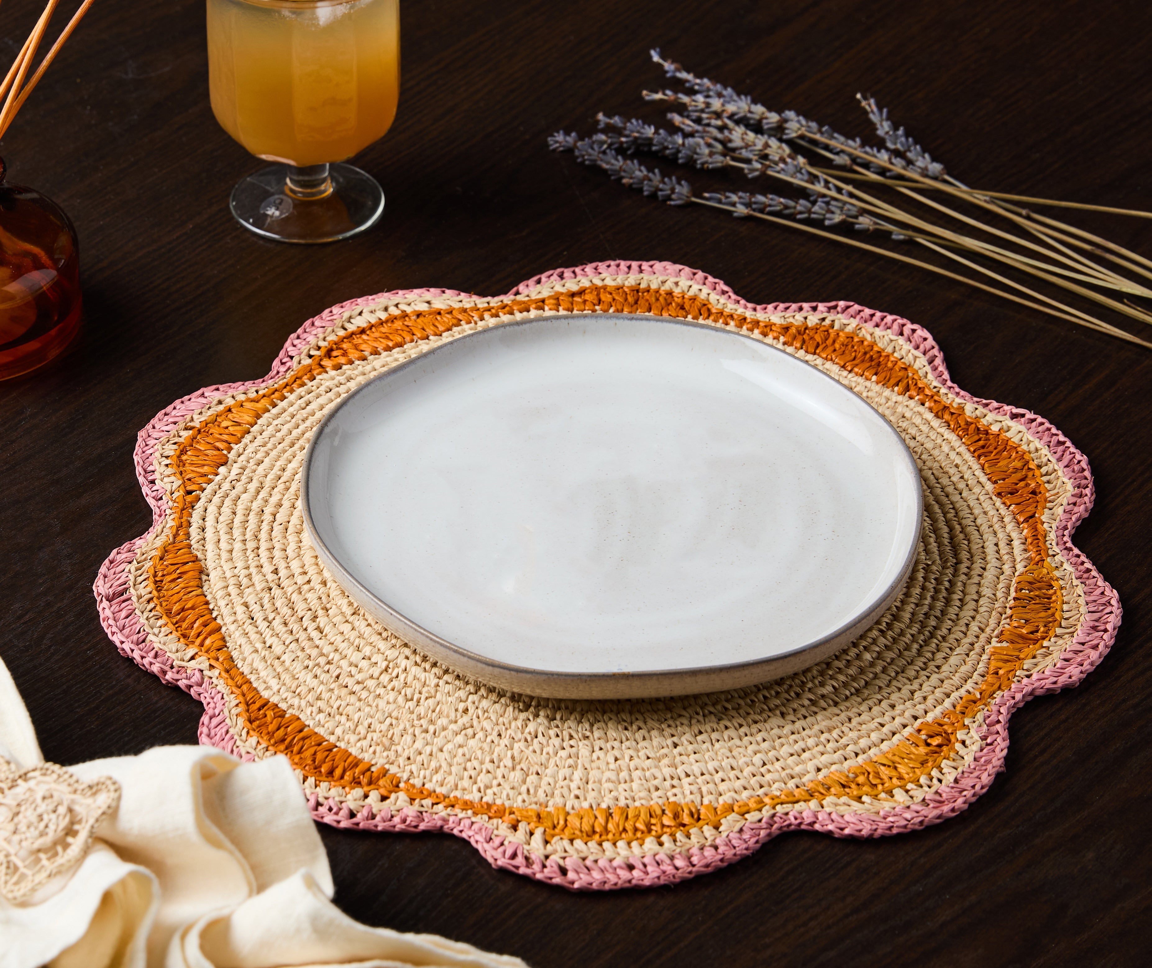 Round Pink Raffia Placemat – 14” Handwoven Crochet – Garden Party & Summer Table Decor