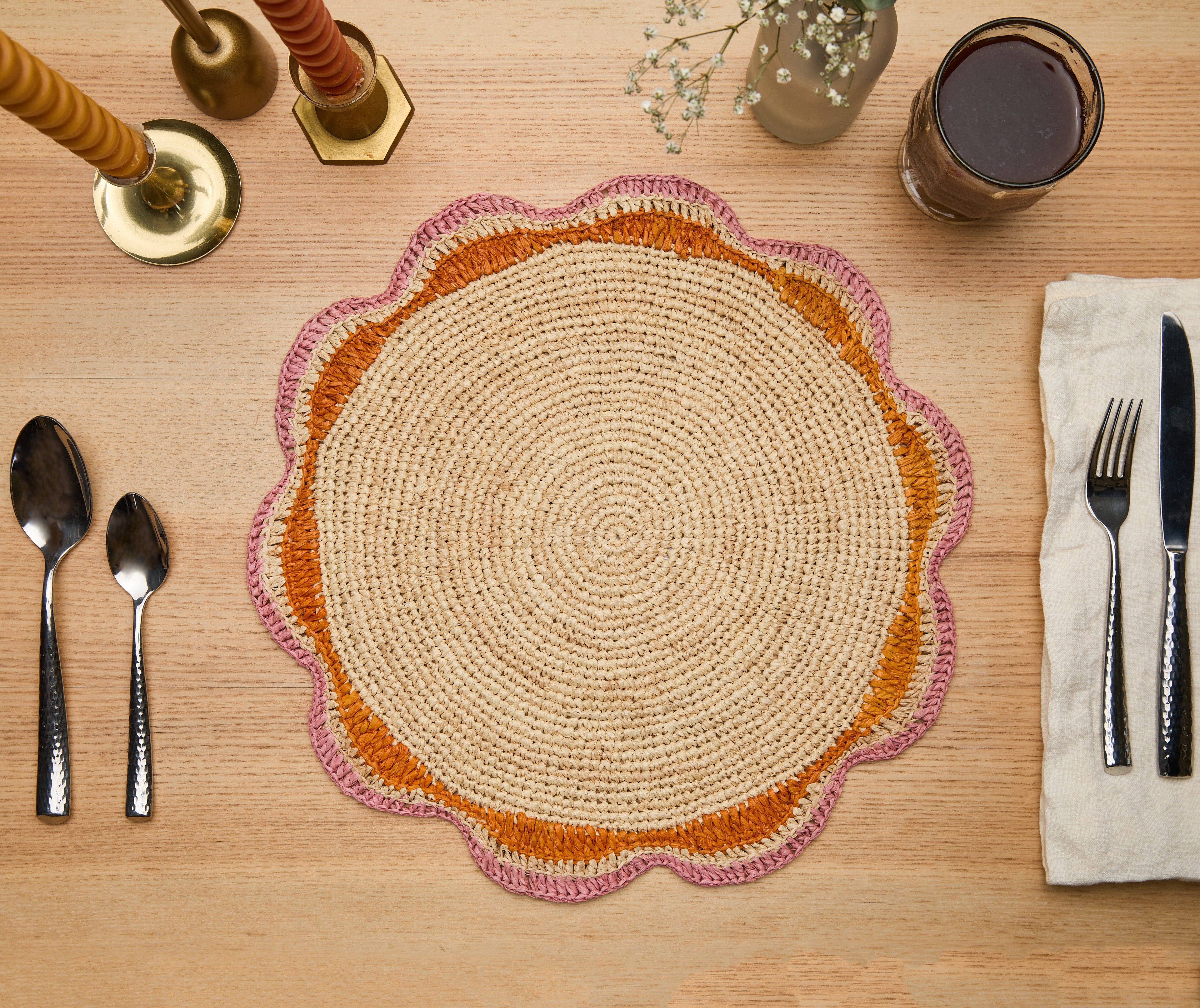 Round Pink Raffia Placemat β 14β Handwoven Crochet β Garden Party & Summer Table Decor