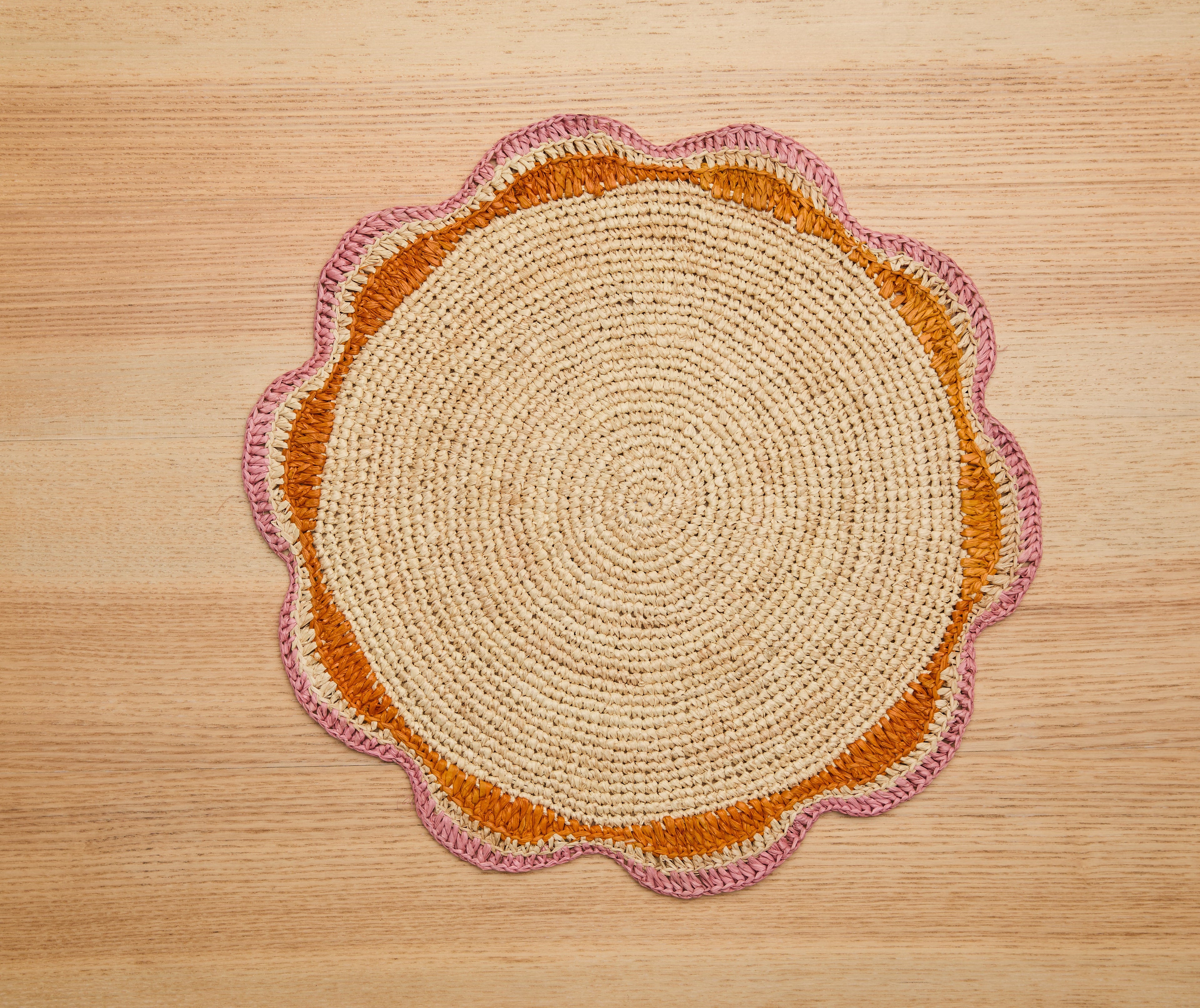 Round Pink Raffia Placemat – 14” Handwoven Crochet – Garden Party & Summer Table Decor