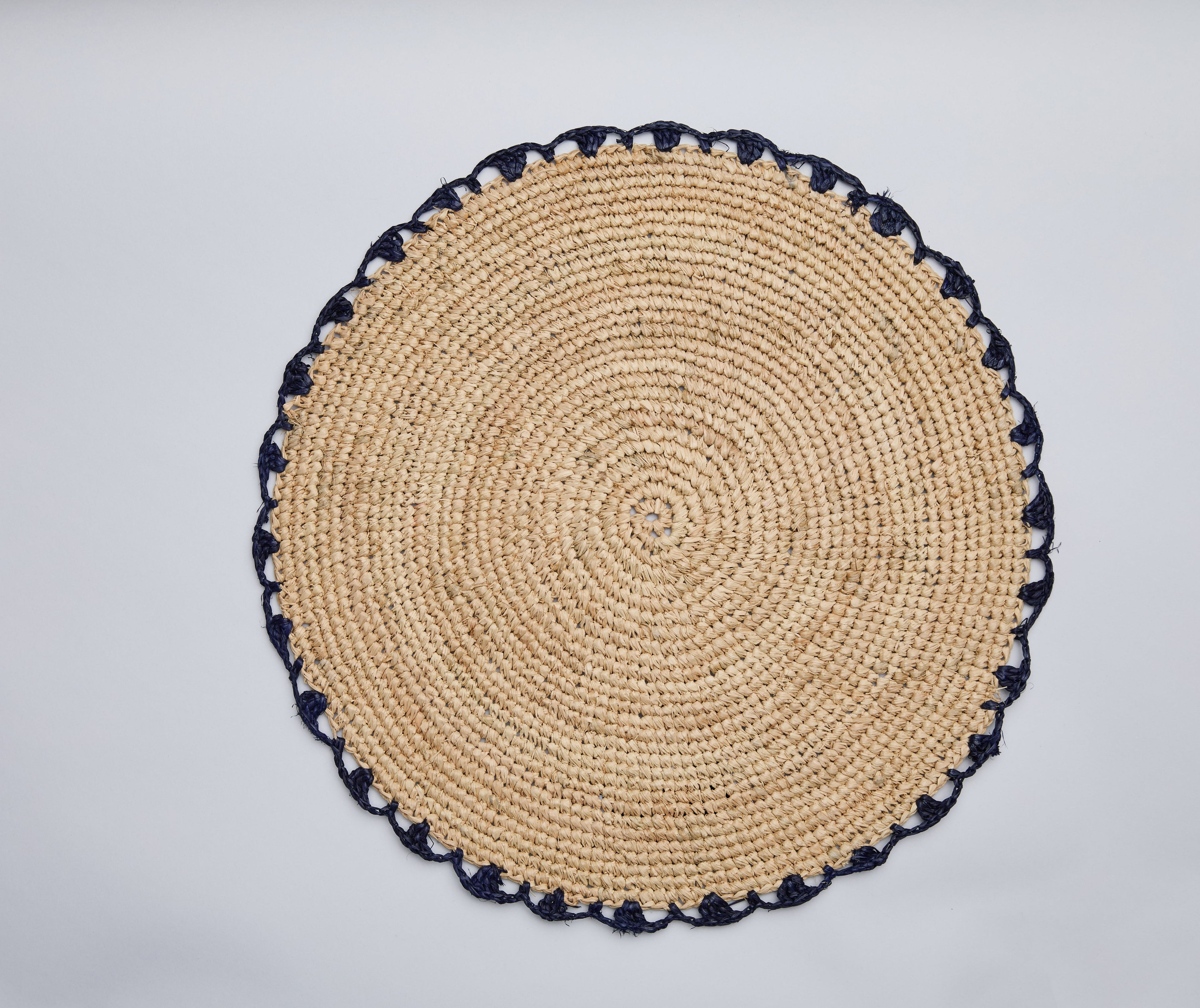 Handwoven Aura Blue Edge Placemat - Rustic Woven Raffia Tabletop Decor