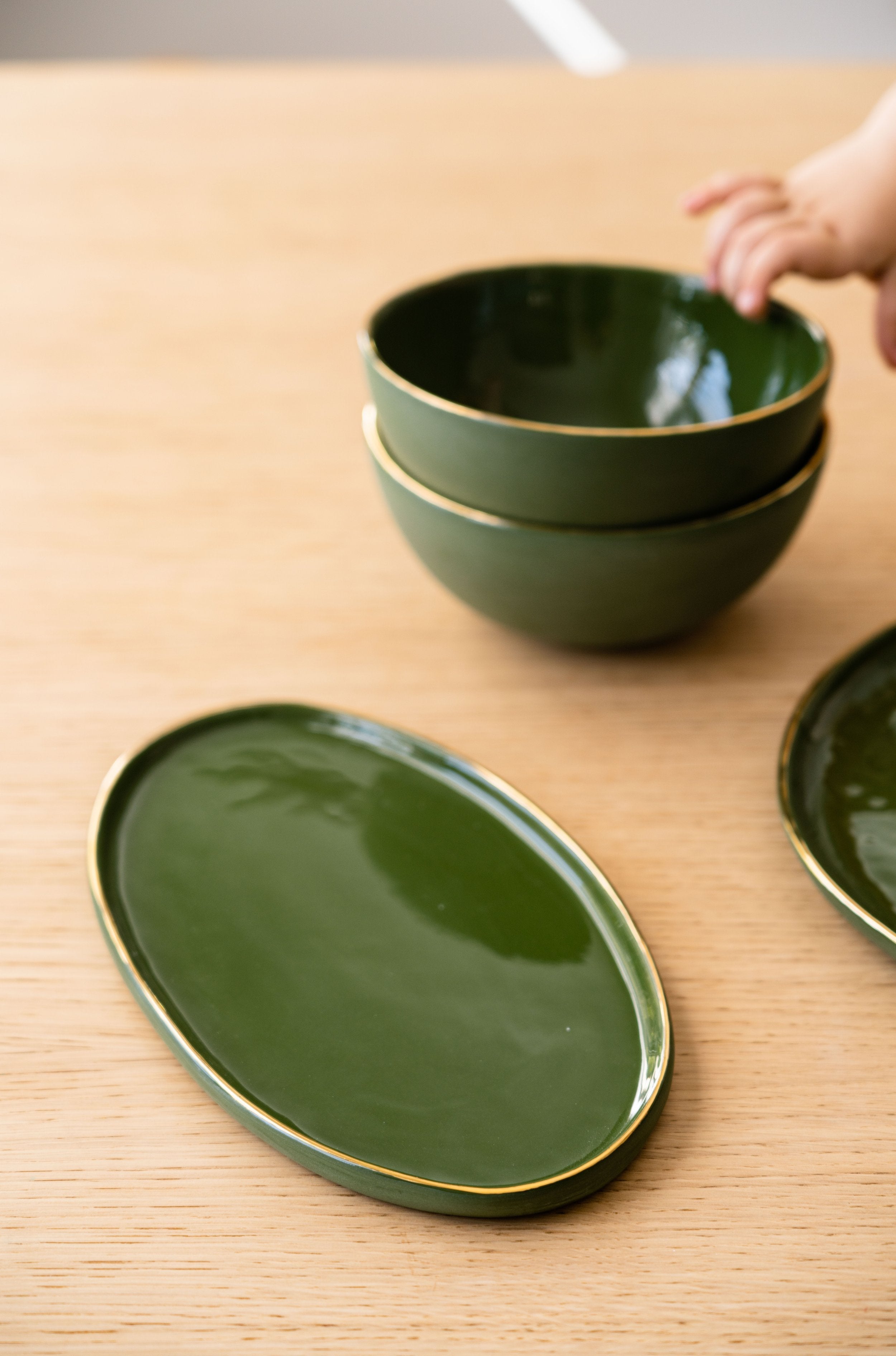 Handmade Porcelain Oval Serving Platter with Gold Rim. Green - The Peony Haus