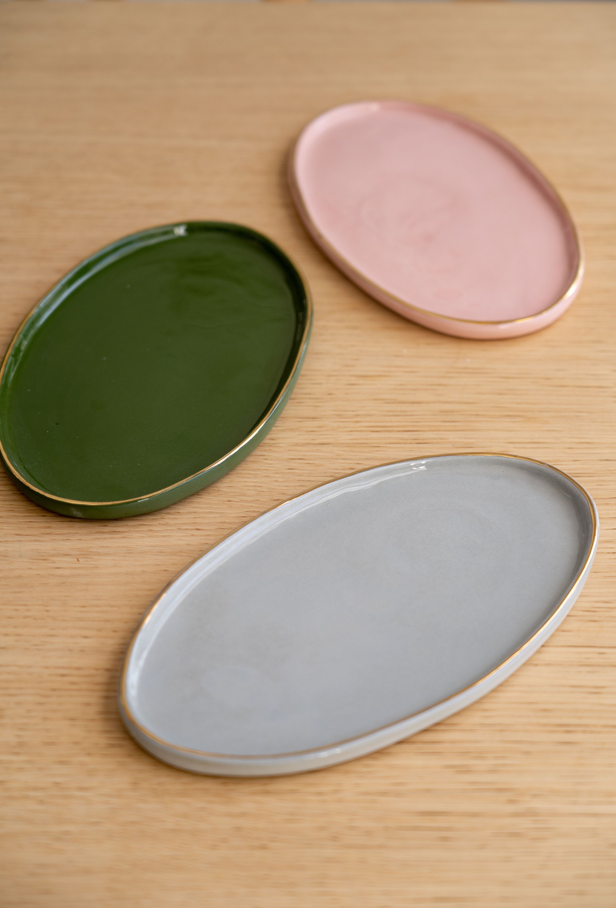 Handmade Oval Porcelain Serving Platter with Gold Rim. Powder Pink - The Peony Haus