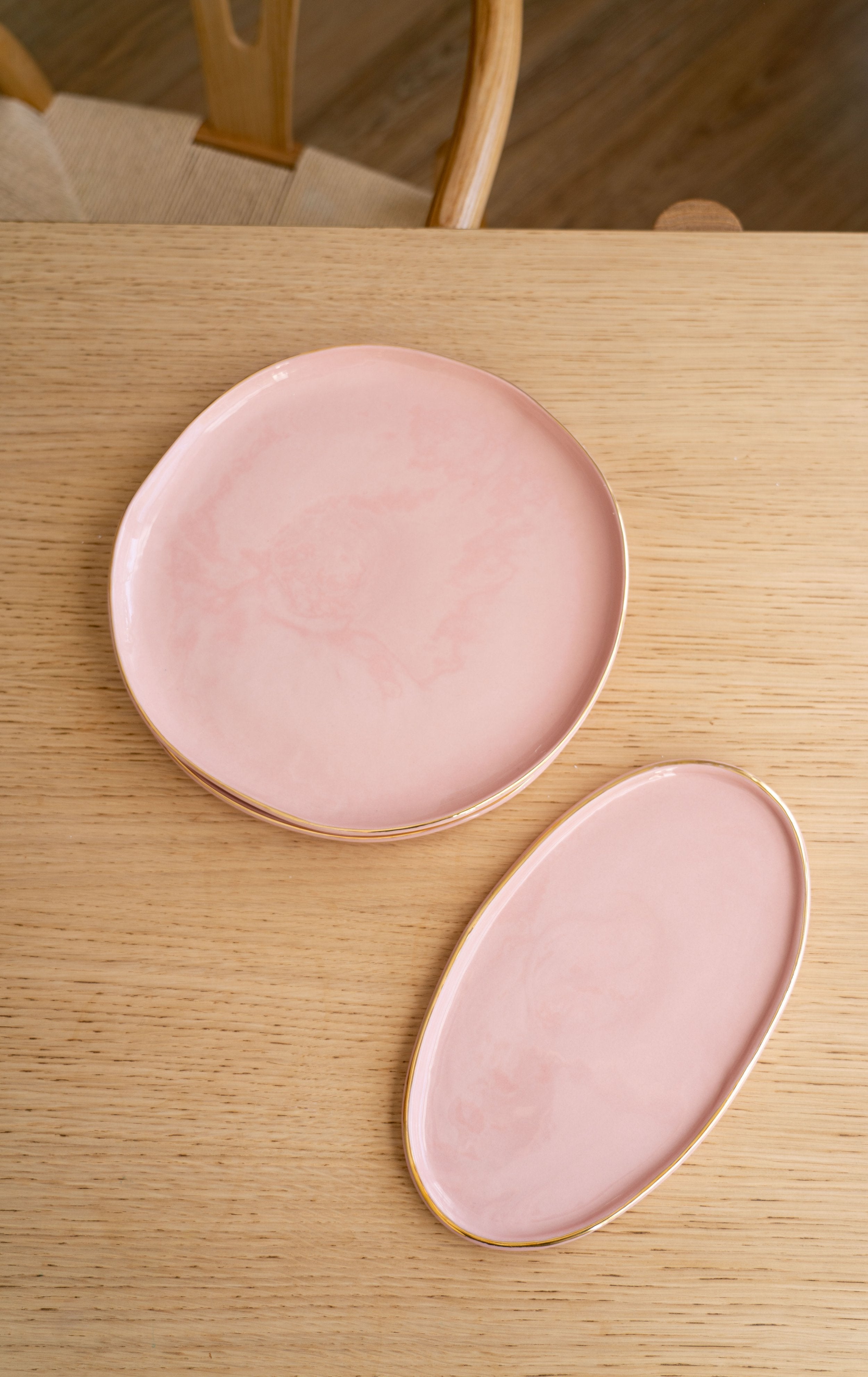 Handmade Oval Porcelain Serving Platter with Gold Rim. Powder Pink - The Peony Haus