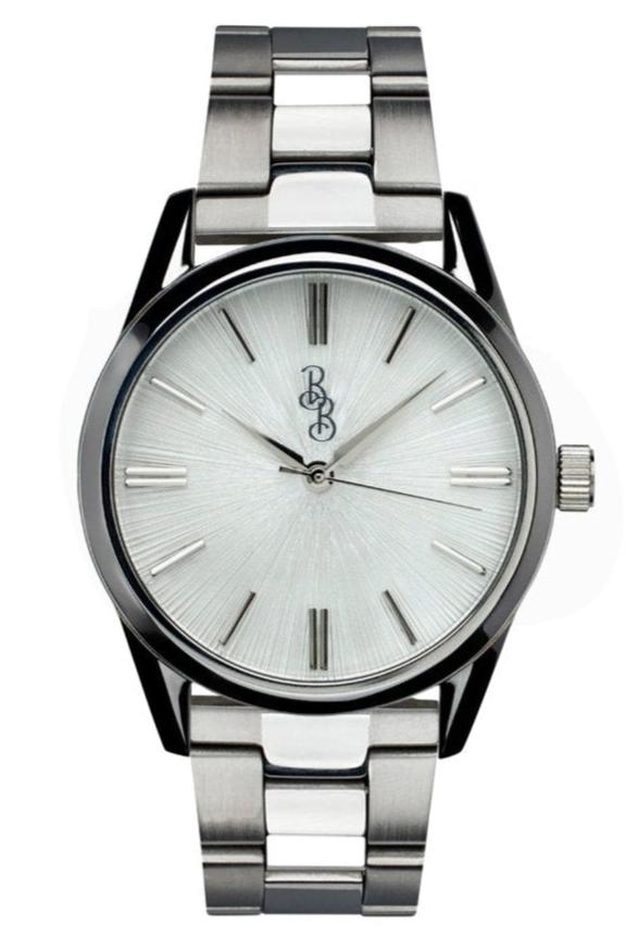 Silver watch with a white face on a white background