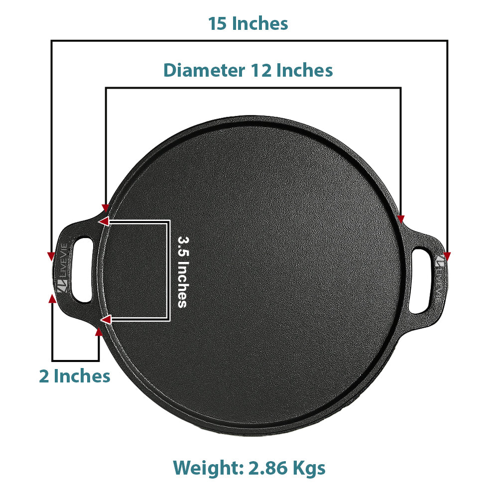Cast Iron Tawa 12 Inch with Double Handle Pre-Seasoned Flat Tawa for - The Peony Haus