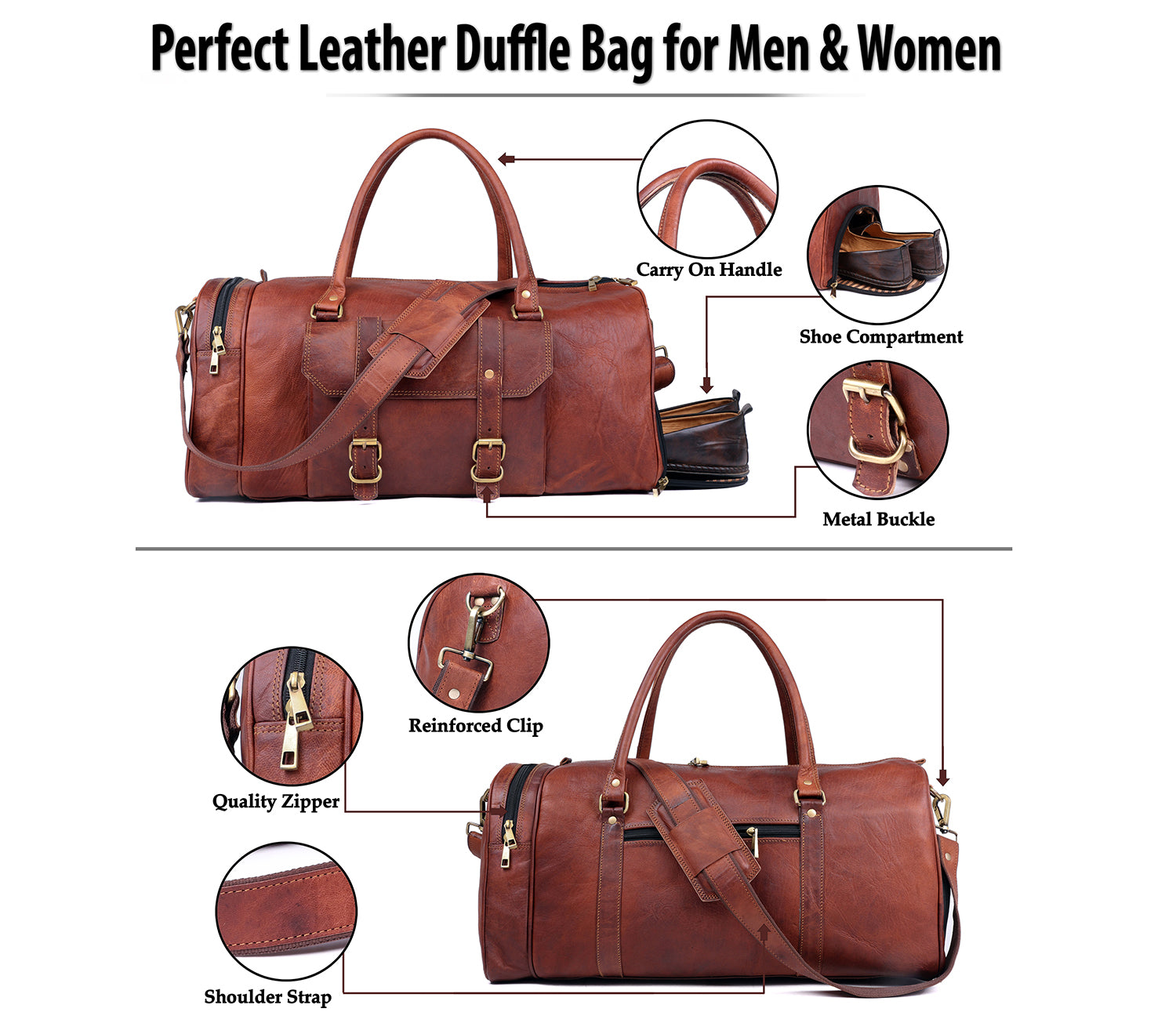 Handmade Genuine Leather Travel Duffel Bag with Shoe Compartment - The Peony Haus