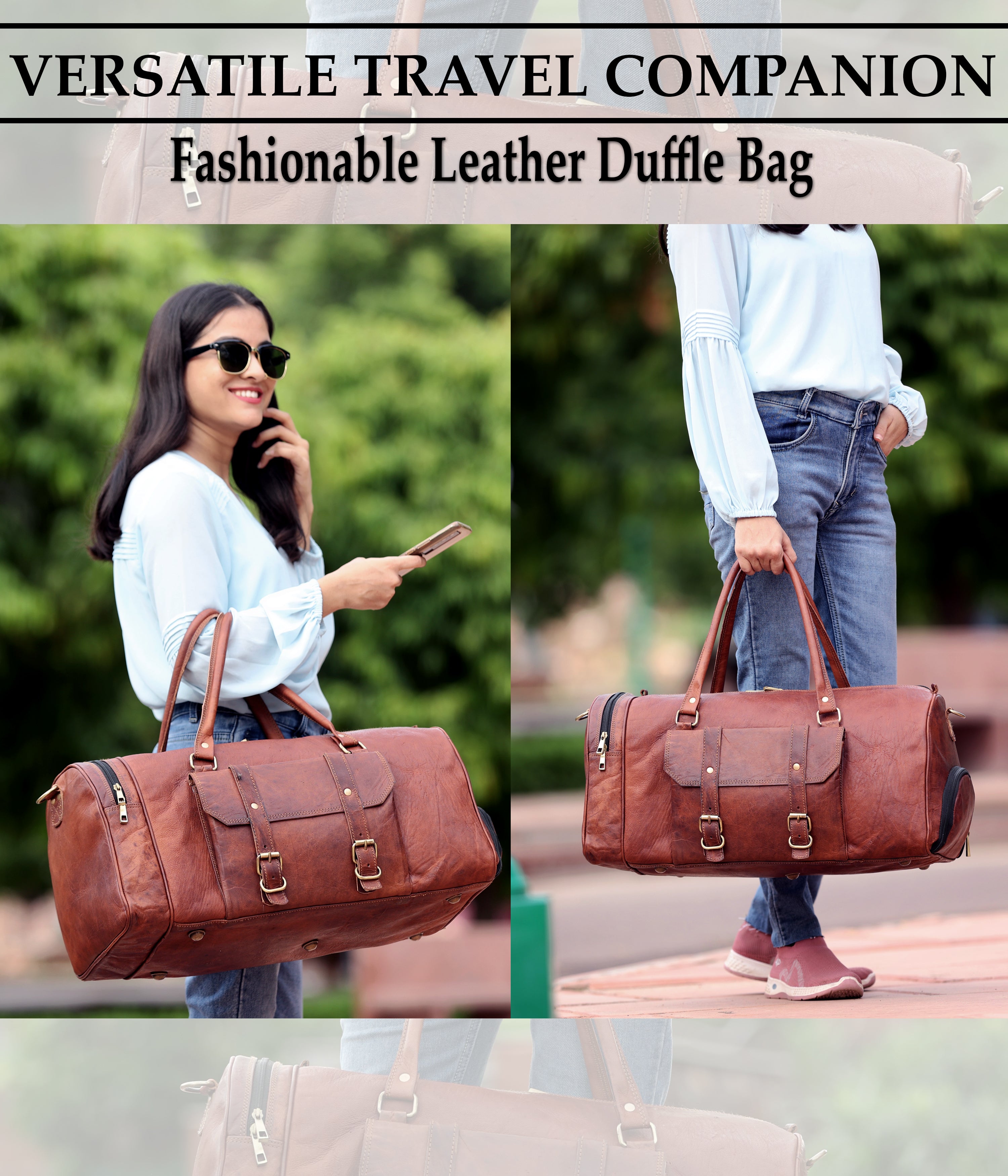 Handmade Genuine Leather Travel Duffel Bag with Shoe Compartment - The Peony Haus