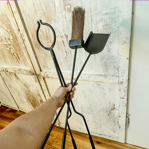 Black Iron Fireplace Tool Set with Shovel Brush Tongs - The Peony Haus