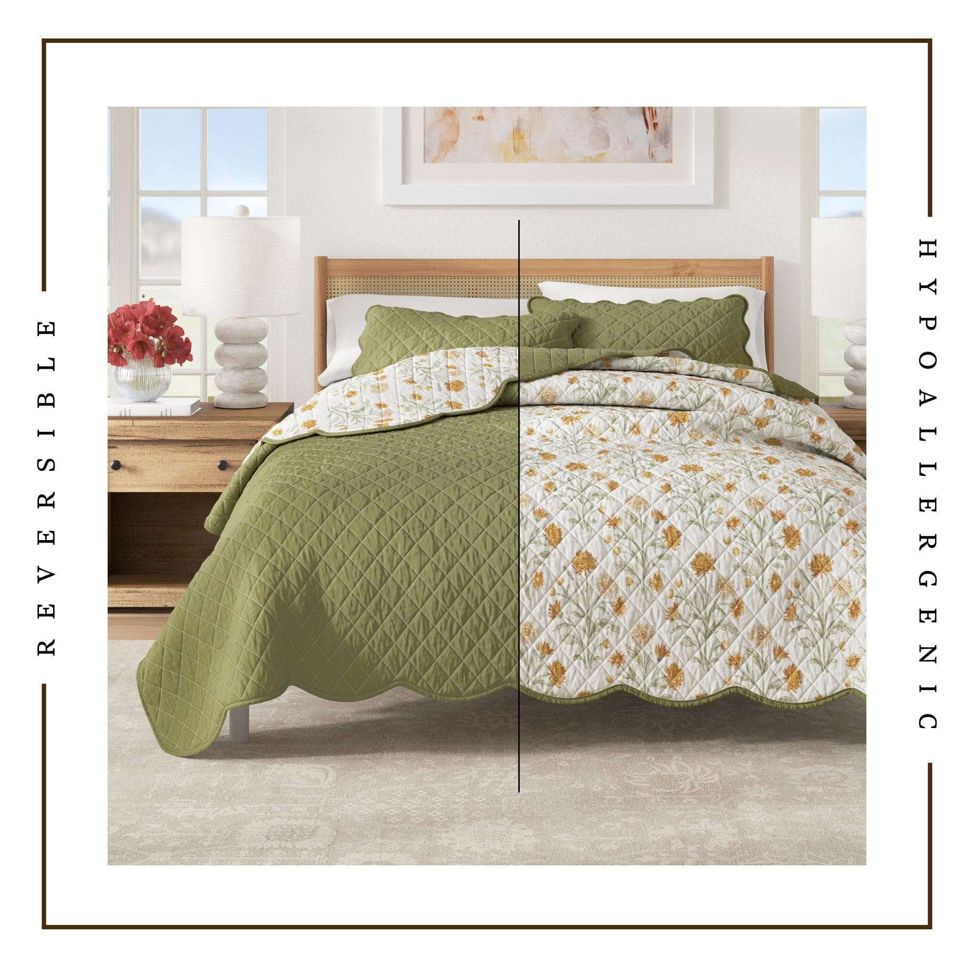 Floral Print & Scallopeded Edge Cotton Quilt Set - Illiana Collection - The Peony Haus