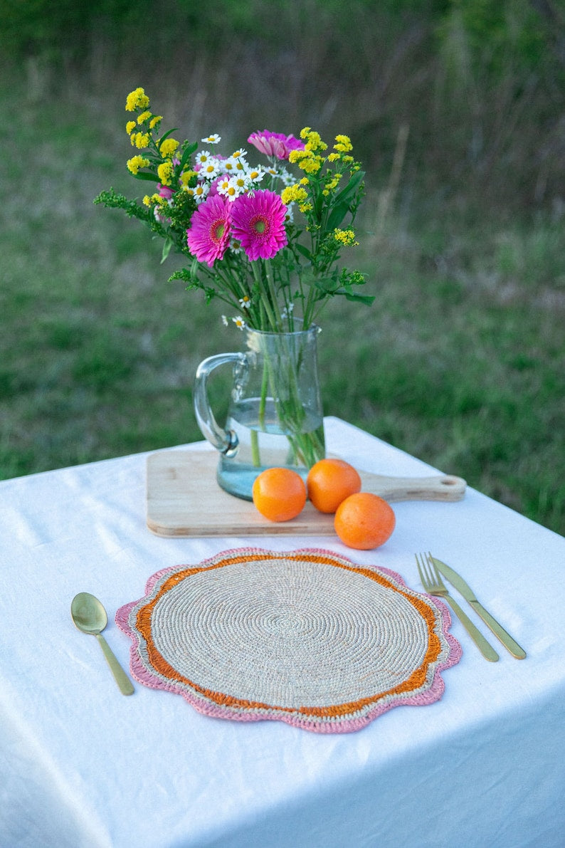 Round Pink Raffia Placemat – 14” Handwoven Crochet – Garden Party & Summer Table Decor