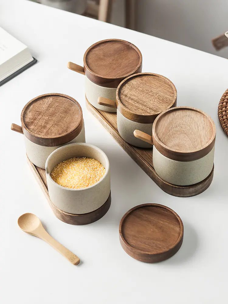 Ceramic Kitchen Seasoning Pots with Acacia Wood Tray - The Peony Haus