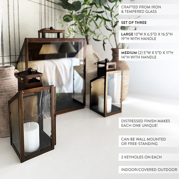 Rustic Bronze Tempered Glass Lanterns, Set of Three - The Peony Haus