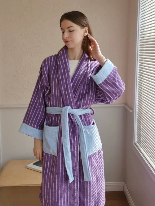 Ultra Soft Dopamine Stripe Bathrobe - 100% Organic Long-stapled Cotton - The Peony Haus