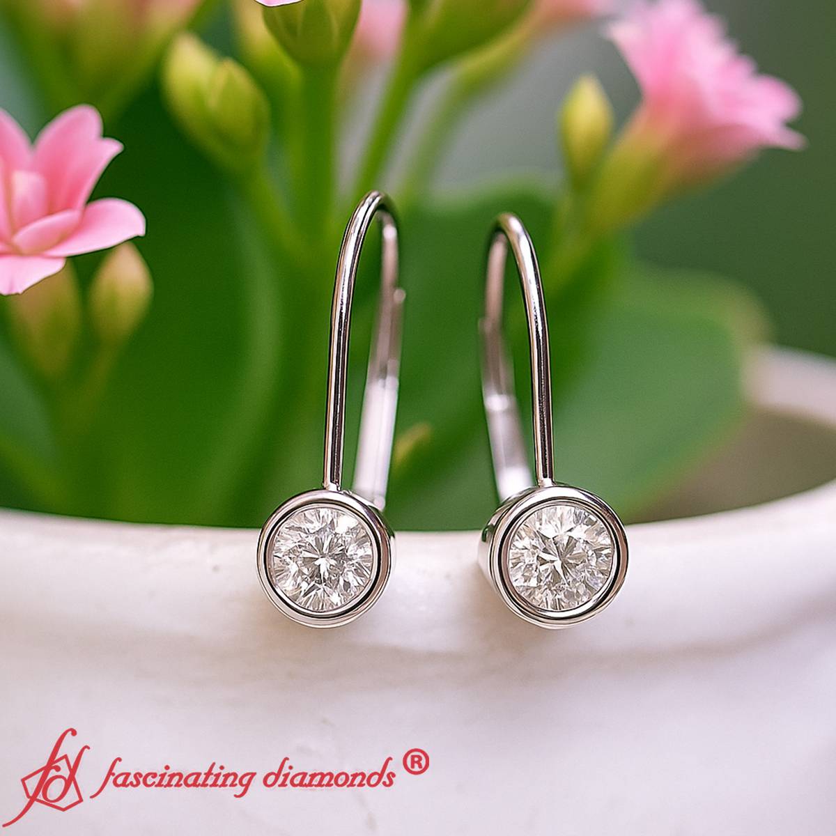 Lever Back Bezel Set Round Diamond Earrings