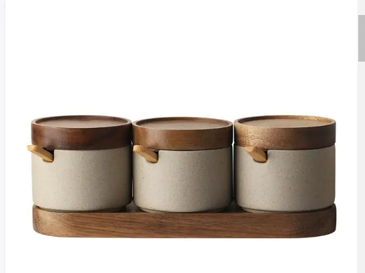 Ceramic Kitchen Seasoning Pots with Acacia Wood Tray - The Peony Haus