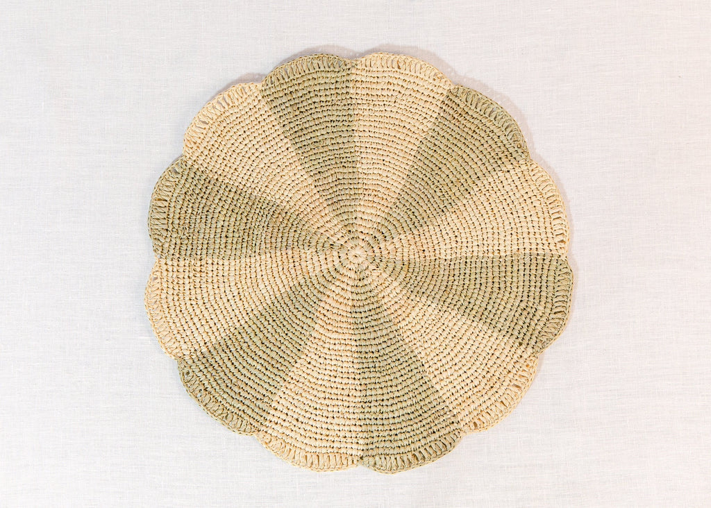 Pinwheel Olive Placemat, raffia tabletop