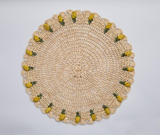 Handmade Tulip Placemat – Raffia Crochet Floral Table Mat – Spring & Easter Table Decor – Artisan Tableware – Boho Dining Accent