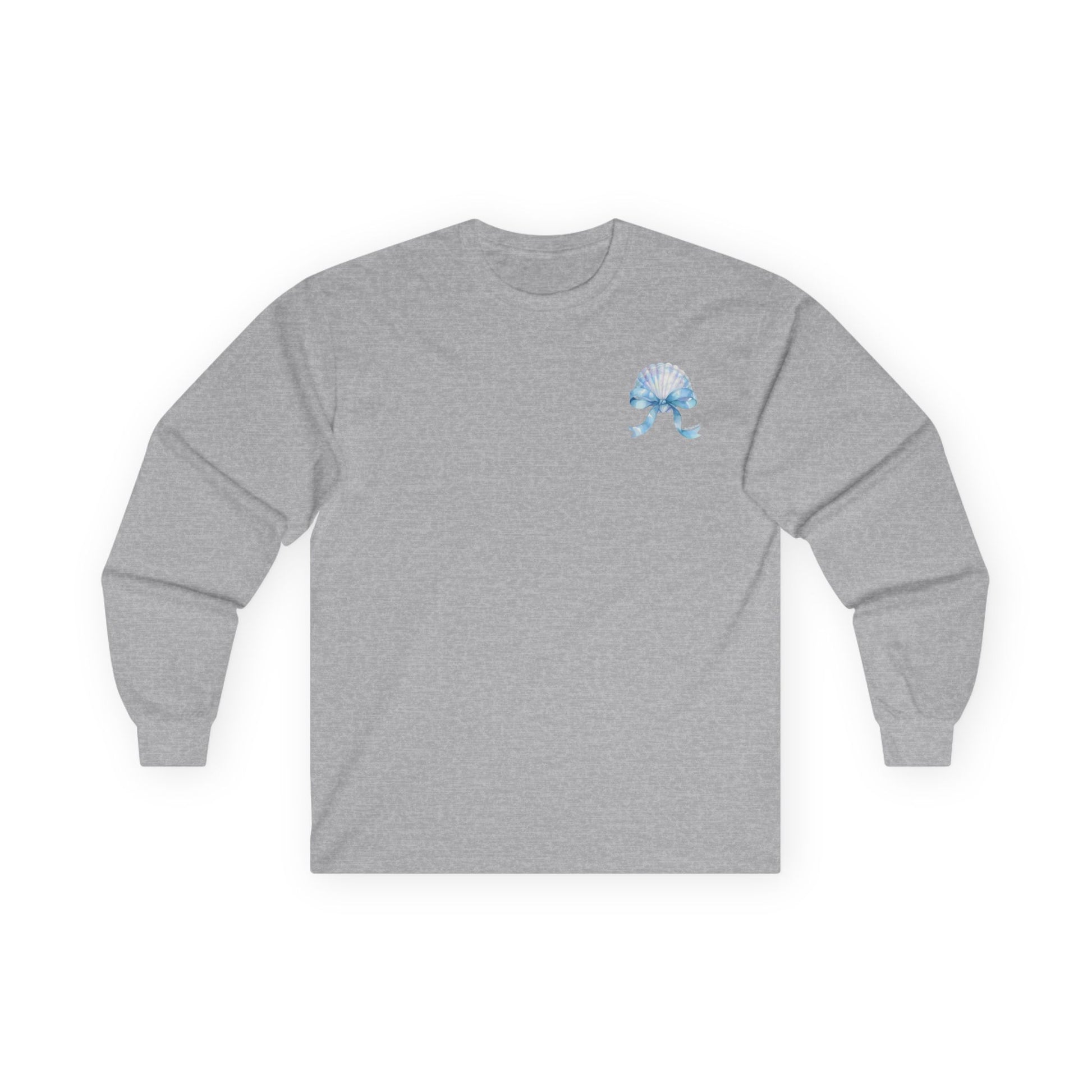 Gray long-sleeve shirt with a blue and white logo on a white background