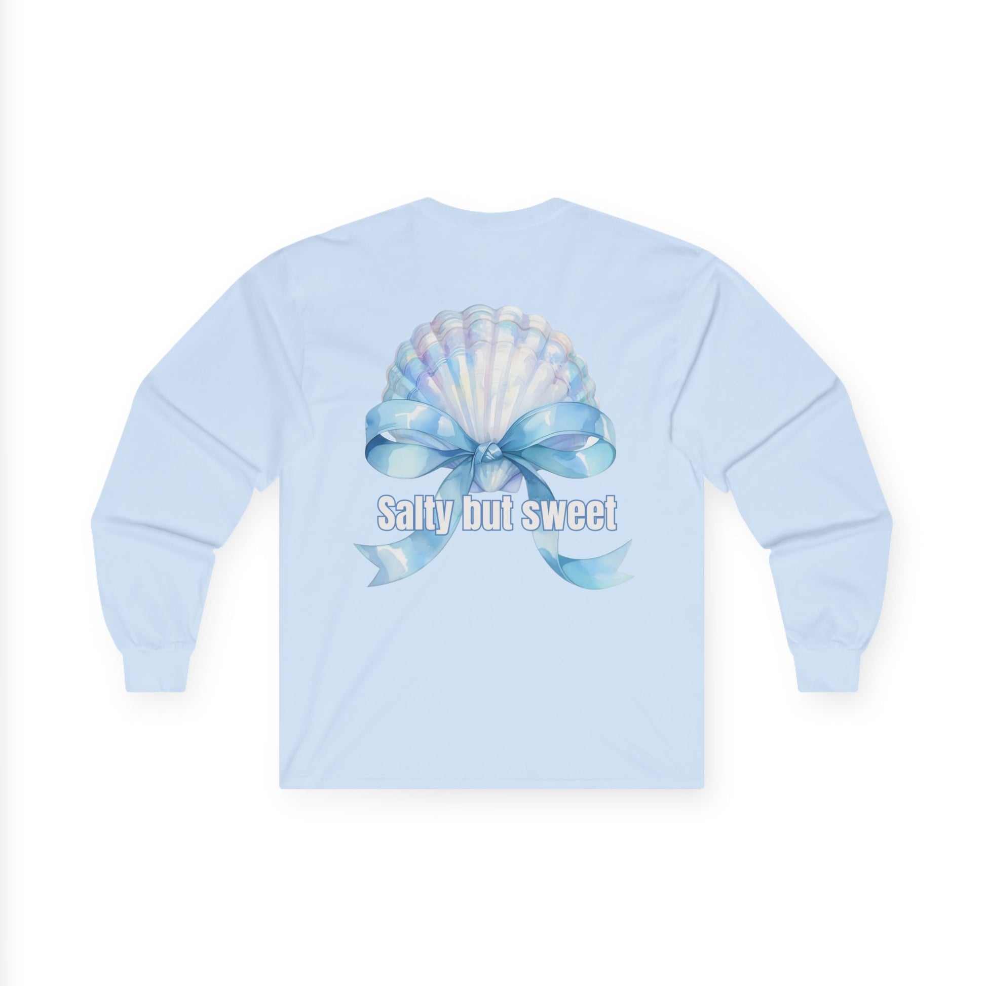 Light blue long-sleeve shirt with a shell and bow design on the back, on a white background.
