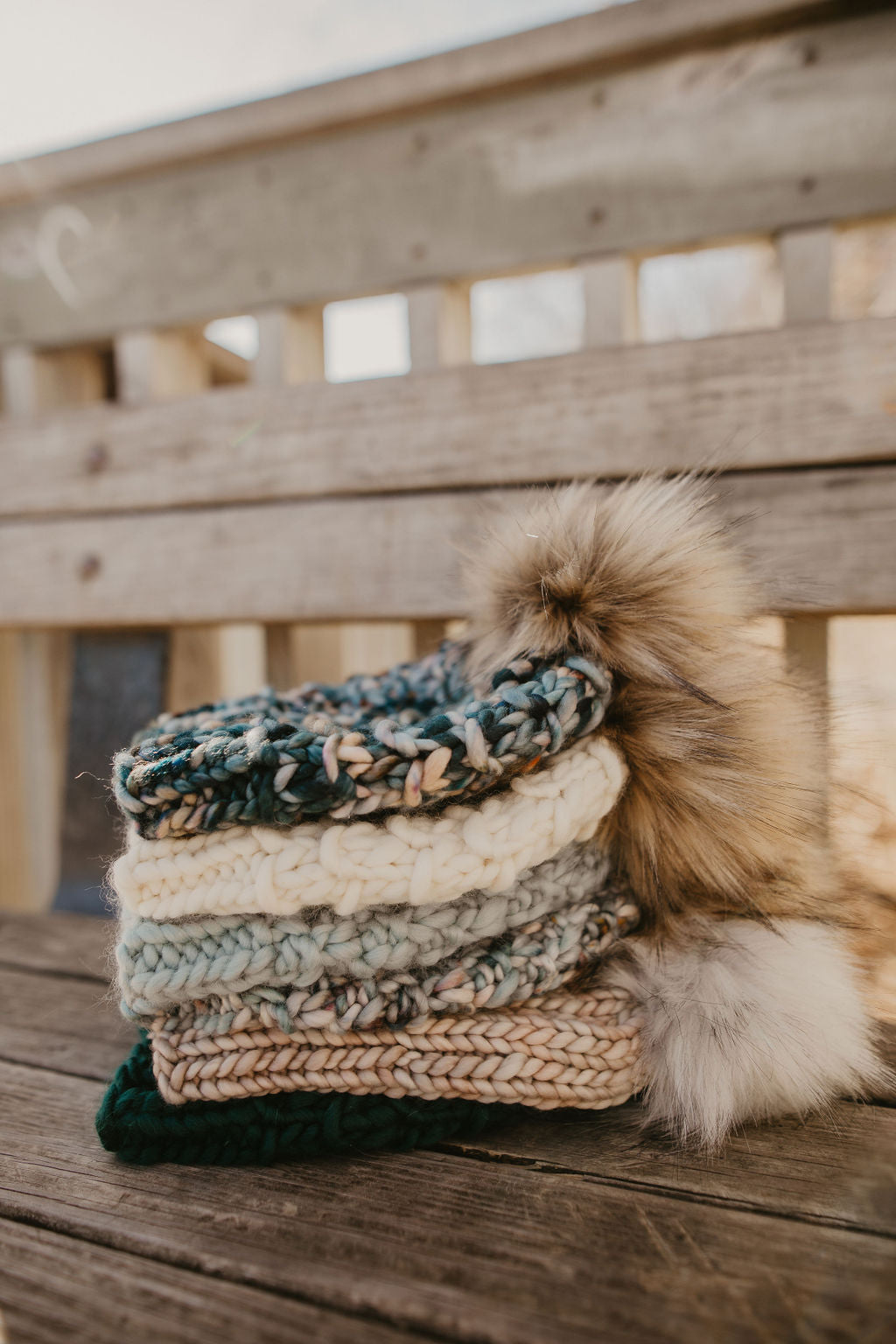 Ivory Peruvian Wool Knit Hat with Faux Fur Pom Pom