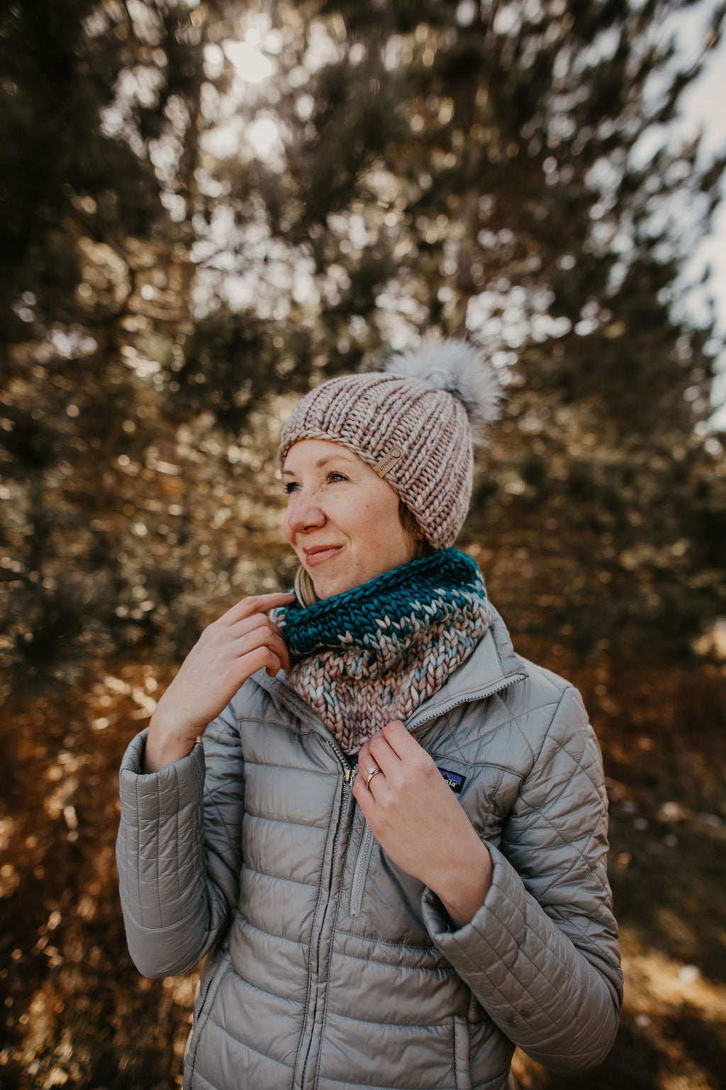 Pearl Gray Merino Wool Ribbed Knit Hat with Faux Fur Pom Pom