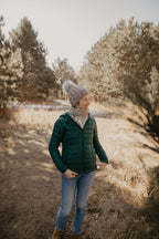 Pearl Gray Merino Wool Ribbed Knit Hat with Faux Fur Pom Pom
