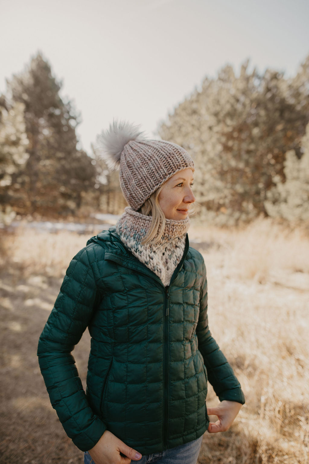 Pearl Gray Merino Wool Ribbed Knit Hat with Faux Fur Pom Pom