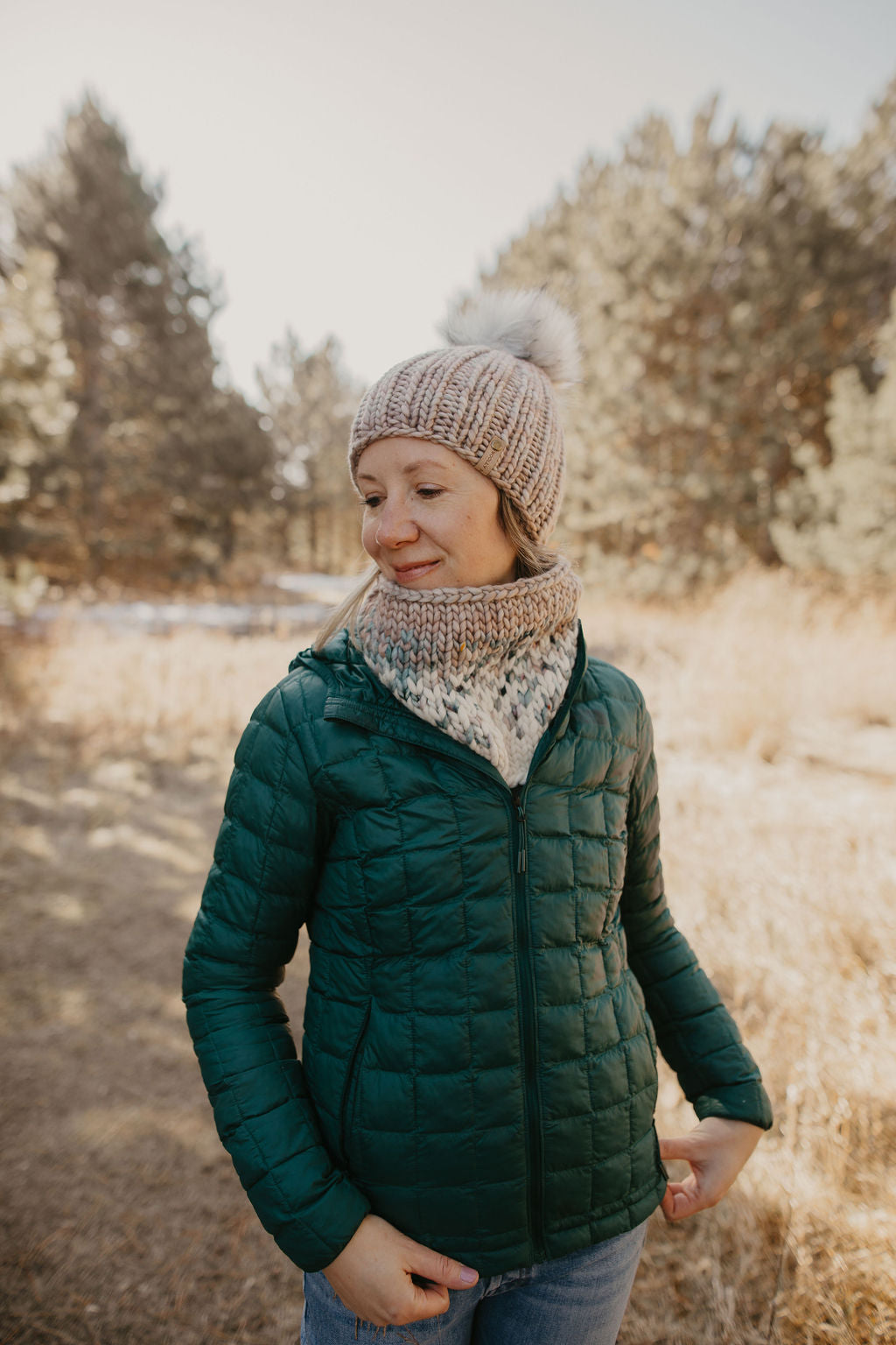 Pearl Gray Merino Wool Ribbed Knit Hat with Faux Fur Pom Pom