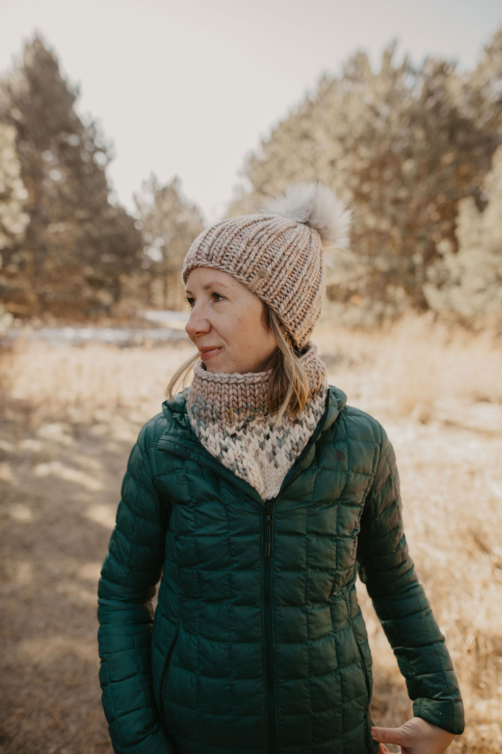 Pearl Gray Merino Wool Ribbed Knit Hat with Faux Fur Pom Pom