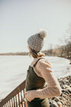 Gray Merino Wool Knit Hat with Faux Fur Pom Pom