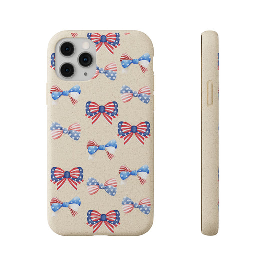 Red, White & Blue Bow Phone Case, Eco-Friendly Cell Phone Cover, Patriotic Biodegradable Case, USA Independence Day Gift, Summer Celebration - The Peony Haus