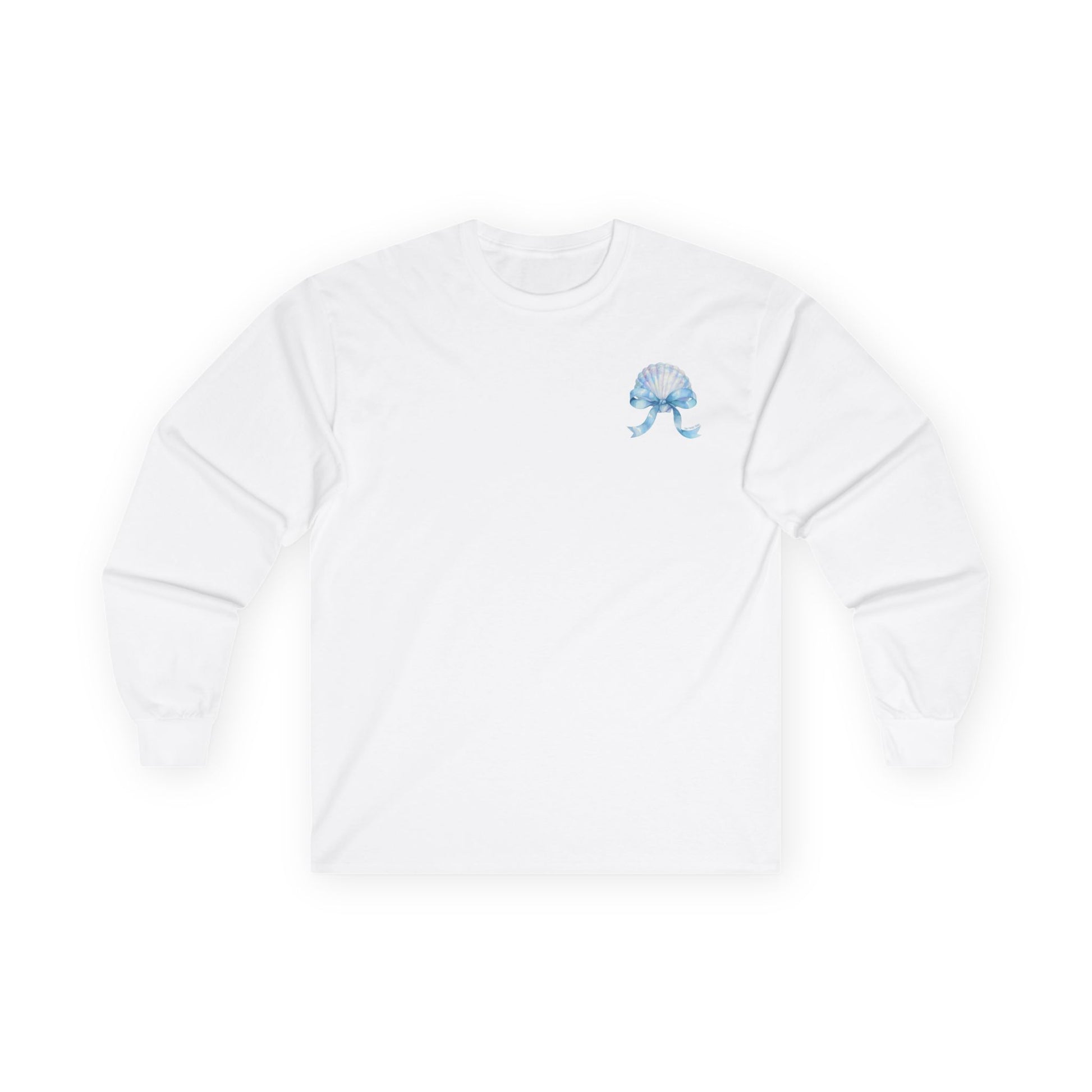 White sweatshirt with a blue bow design on a white background