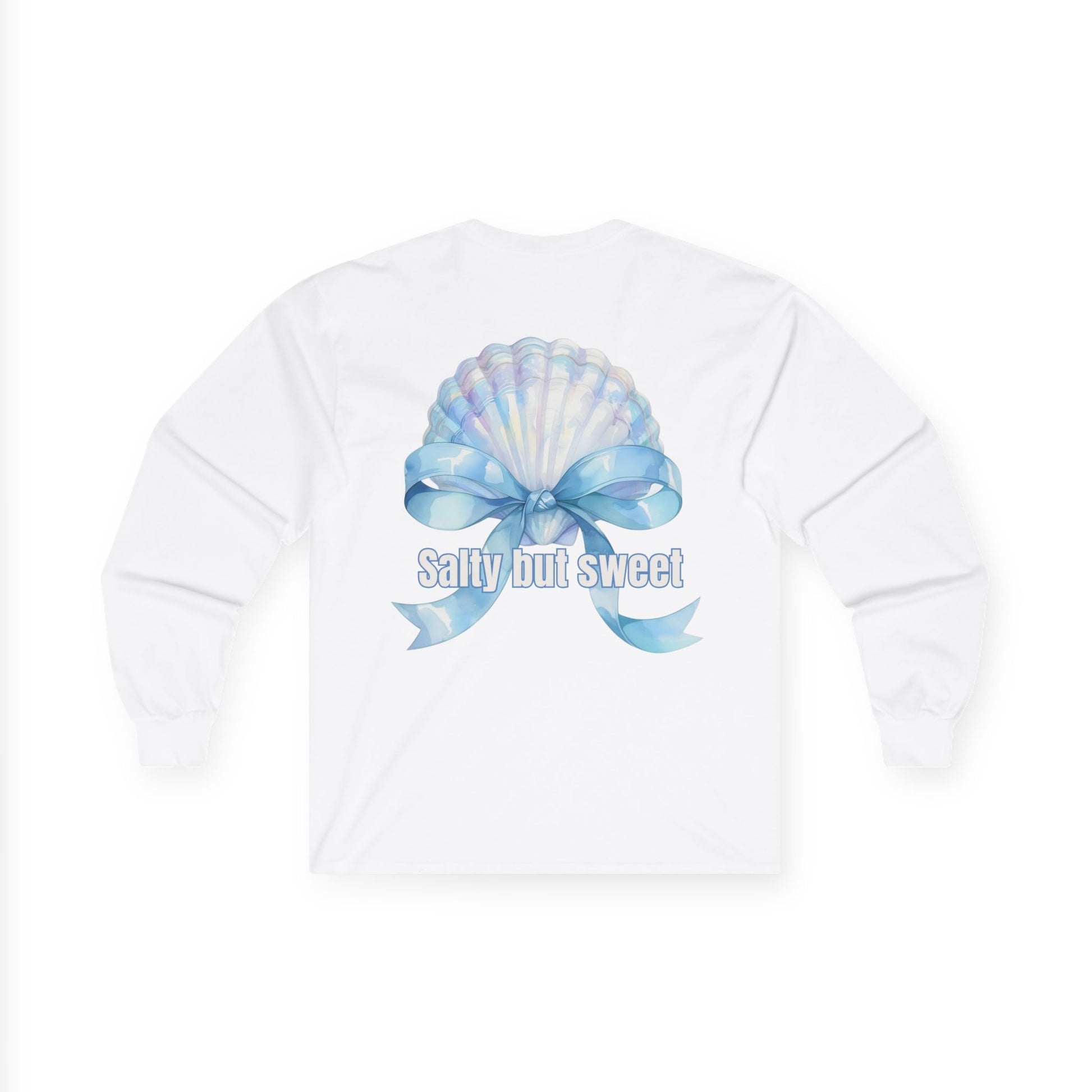 White shirt with a blue bow design and text on a white background