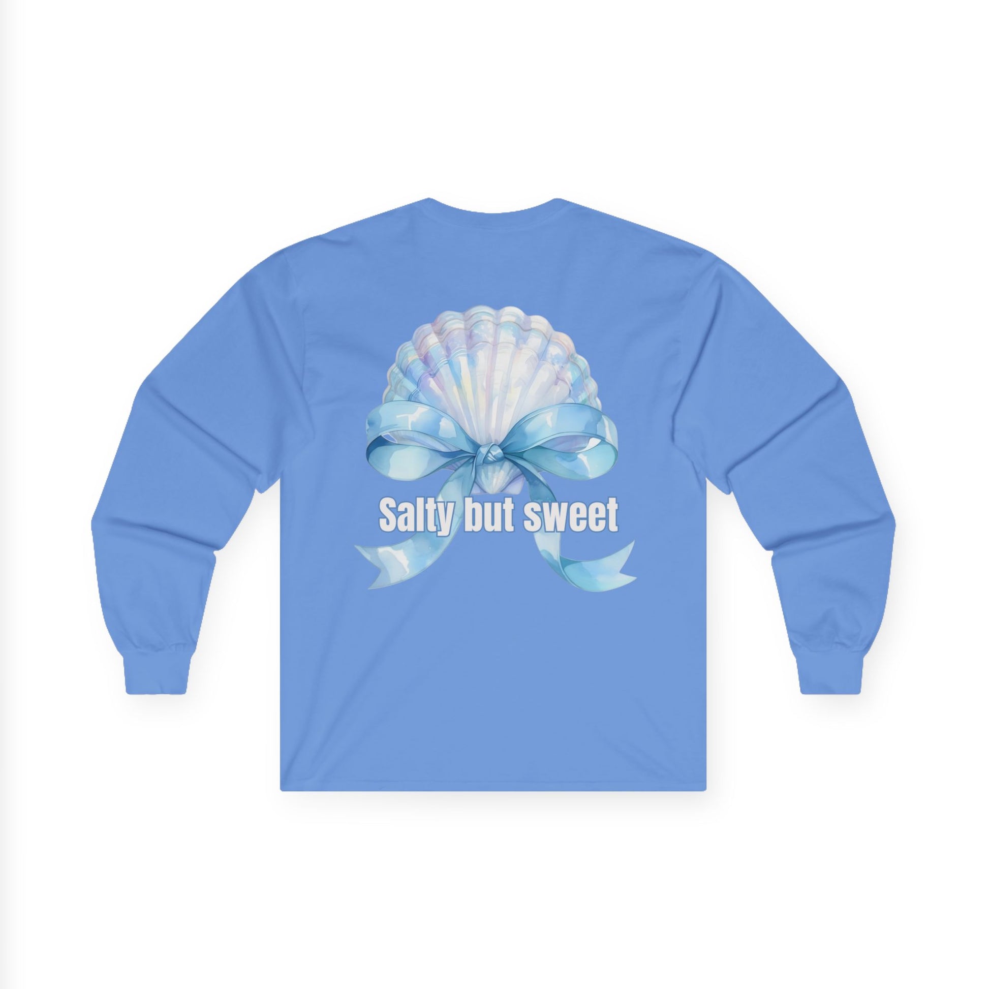Blue long-sleeve shirt with a shell and bow design on the back, featuring the text 'Salty but sweet'.