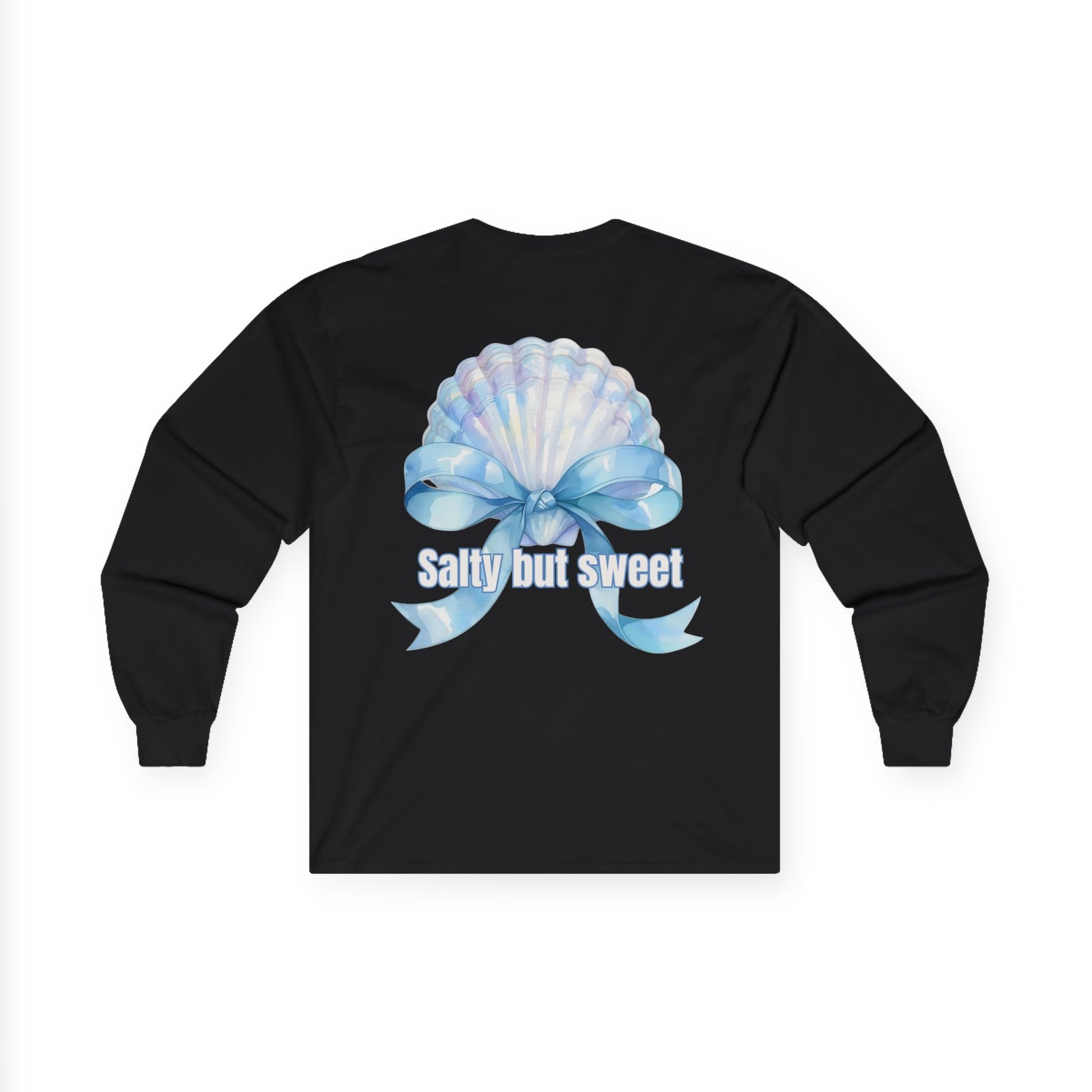 Black long-sleeve shirt with a blue bow design and 'Salty but sweet' text on a white background