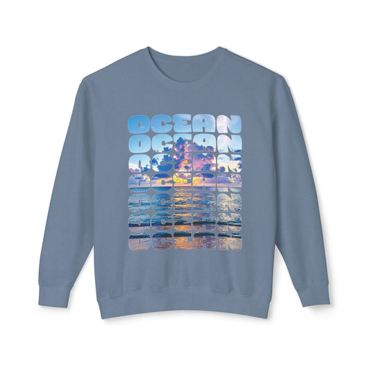 Ocean Photo Block Crewneck Sweatshirt — Scenic "OCEAN" Typography | unisex