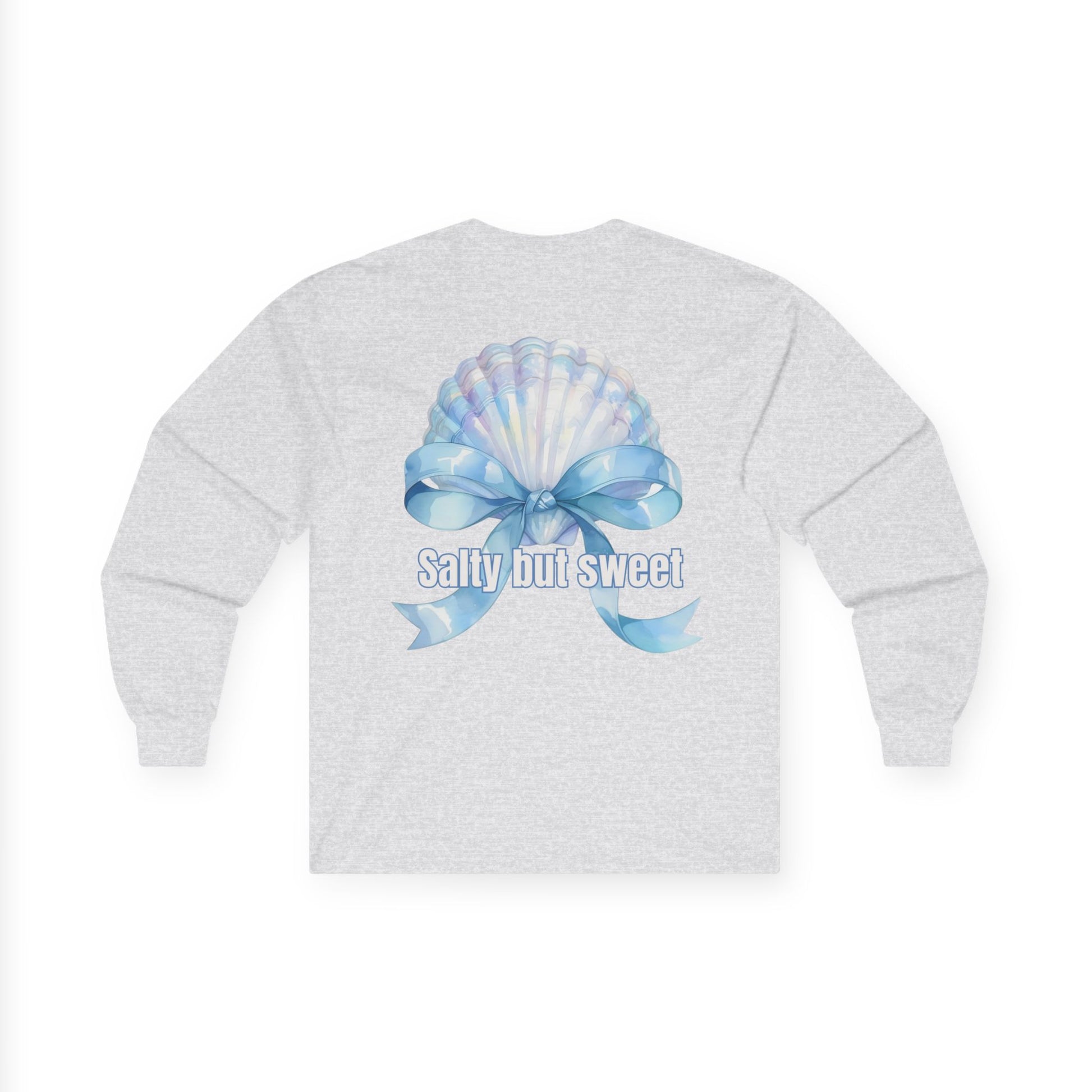 Gray sweatshirt with a blue bow graphic and text on a white background