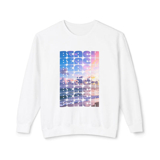 Beach Grid Crewneck Sweatshirt — Retro Sunset "BEACH" Graphic | unisex