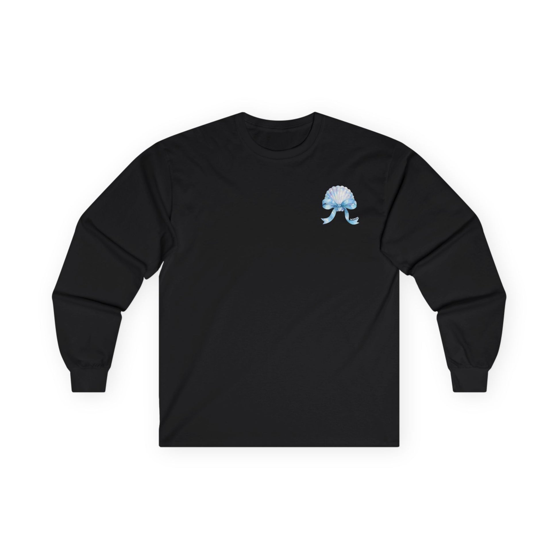 Black long-sleeve shirt with a white logo on a white background
