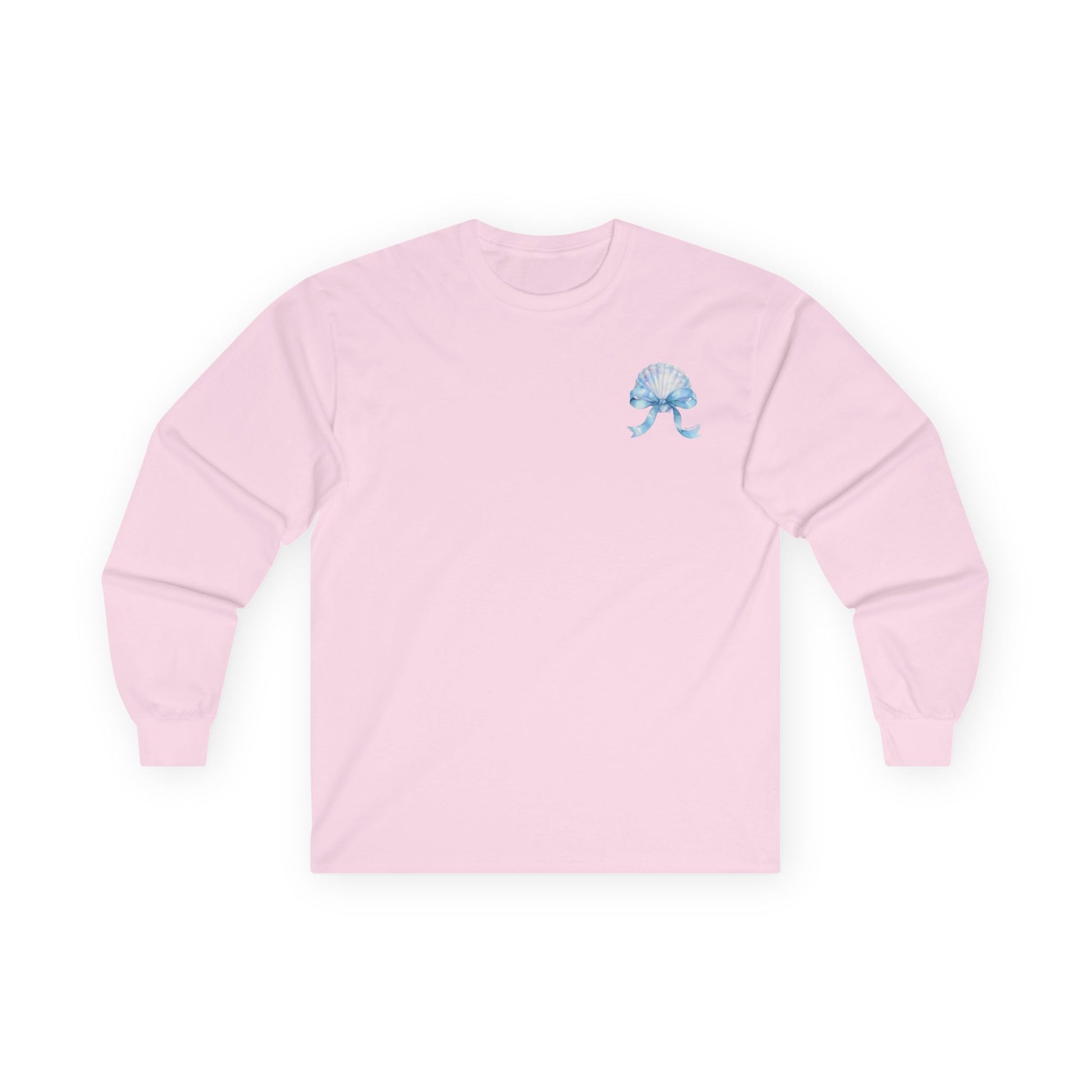 Pink long-sleeve shirt with a blue bow design on a white background