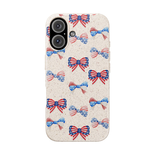 Red, White & Blue Bow Phone Case, Eco-Friendly Cell Phone Cover, Patriotic Biodegradable Case, USA Independence Day Gift, Summer Celebration - The Peony Haus